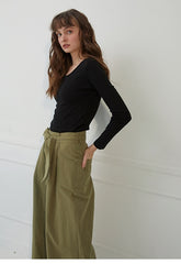 Fitted Long-Sleeve Cotton Top with Scoop Neckline for Layering and Everyday Styling