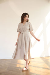 Belted Button-Down Midi Linen Dress with Short Sleeves and V-Neckline