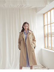 Longline Linen Blazer Coat with Waist Belt, Storm Flap, and Structured Shoulders for Women