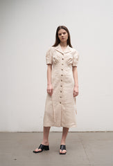 Tailored Linen Midi Dress with Button Front, Puff Sleeves, and Notched Lapel Collar