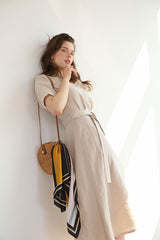 Belted Button-Down Midi Linen Dress with Short Sleeves and V-Neckline