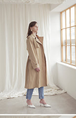 Longline Linen Blazer Coat with Waist Belt, Storm Flap, and Structured Shoulders for Women