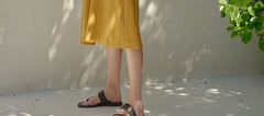 Short Sleeve Draped Waist Linen Dress With Relaxed Fit and Flowing Midi Skirt for Effortless Style