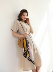 Belted Button-Down Midi Linen Dress with Short Sleeves and V-Neckline