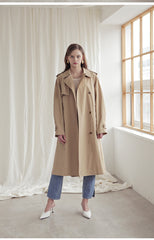 Longline Linen Blazer Coat with Waist Belt, Storm Flap, and Structured Shoulders for Women