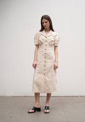 Tailored Linen Midi Dress with Button Front, Puff Sleeves, and Notched Lapel Collar