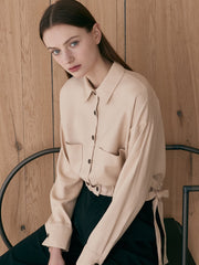 Cropped Linen Blazer with Side Tie Detail and Patch Pockets – Long Sleeve Button-Up for Women