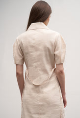 Tailored Linen Midi Dress with Button Front, Puff Sleeves, and Notched Lapel Collar