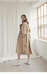 Longline Linen Blazer Coat with Waist Belt, Storm Flap, and Structured Shoulders for Women