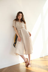 Belted Button-Down Midi Linen Dress with Short Sleeves and V-Neckline