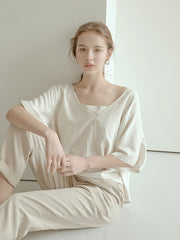 Relaxed Fit Linen Blouse with Back Tie Detail and Soft Drape Silhouette