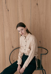 Cropped Linen Blazer with Side Tie Detail and Patch Pockets – Long Sleeve Button-Up for Women