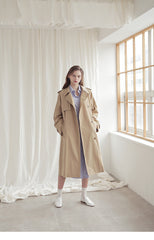 Longline Linen Blazer Coat with Waist Belt, Storm Flap, and Structured Shoulders for Women
