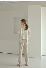 Relaxed Fit Linen Blouse with Back Tie Detail and Soft Drape Silhouette