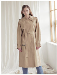 Longline Linen Blazer Coat with Waist Belt, Storm Flap, and Structured Shoulders for Women