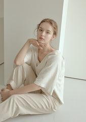 Relaxed Fit Linen Blouse with Back Tie Detail and Soft Drape Silhouette