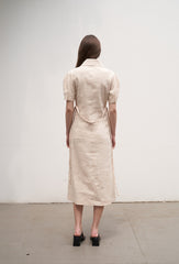 Tailored Linen Midi Dress with Button Front, Puff Sleeves, and Notched Lapel Collar