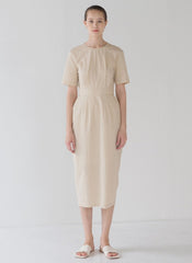 Elegant Backless Linen Midi Dress with Button-Down Detail and Short Sleeves