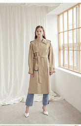 Longline Linen Blazer Coat with Waist Belt, Storm Flap, and Structured Shoulders for Women