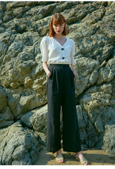 High-Waisted Wide Leg Linen Pants For Women - Tailored Pleated Linen Trousers With Side Pockets