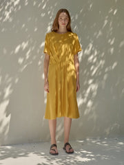 Short Sleeve Draped Waist Linen Dress With Relaxed Fit and Flowing Midi Skirt for Effortless Style