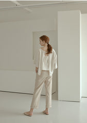 Relaxed Fit Linen Blouse with Back Tie Detail and Soft Drape Silhouette