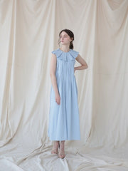 Sleeveless Pleated Linen Midi Dress with Ruffle Collar and Flowing A-Line Silhouette