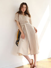 Belted Button-Down Midi Linen Dress with Short Sleeves and V-Neckline