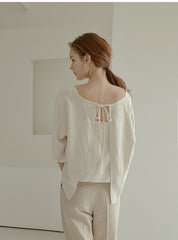Relaxed Fit Linen Blouse with Back Tie Detail and Soft Drape Silhouette