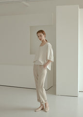 Relaxed Fit Linen Blouse with Back Tie Detail and Soft Drape Silhouette