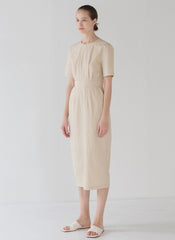 Elegant Backless Linen Midi Dress with Button-Down Detail and Short Sleeves