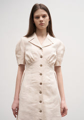 Tailored Linen Midi Dress with Button Front, Puff Sleeves, and Notched Lapel Collar