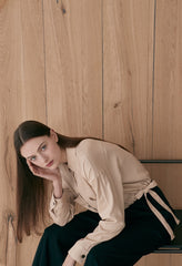 Cropped Linen Blazer with Side Tie Detail and Patch Pockets – Long Sleeve Button-Up for Women