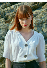 Linen V-Neck Puff Sleeve Blouse With Statement Buttons