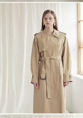 Longline Linen Blazer Coat with Waist Belt, Storm Flap, and Structured Shoulders for Women
