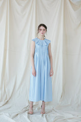 Sleeveless Pleated Linen Midi Dress with Ruffle Collar and Flowing A-Line Silhouette