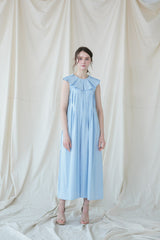Sleeveless Pleated Linen Midi Dress with Ruffle Collar and Flowing A-Line Silhouette
