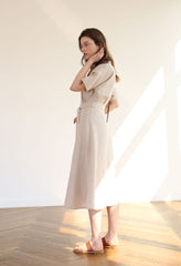 Belted Button-Down Midi Linen Dress with Short Sleeves and V-Neckline