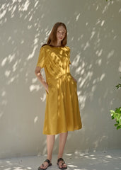 Short Sleeve Draped Waist Linen Dress With Relaxed Fit and Flowing Midi Skirt for Effortless Style