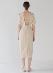 Elegant Backless Linen Midi Dress with Button-Down Detail and Short Sleeves