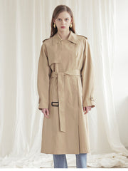 Longline Linen Blazer Coat with Waist Belt, Storm Flap, and Structured Shoulders for Women