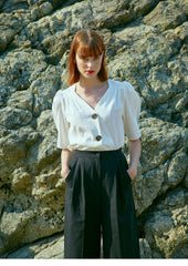 Linen V-Neck Puff Sleeve Blouse With Statement Buttons