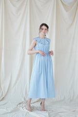 Sleeveless Pleated Linen Midi Dress with Ruffle Collar and Flowing A-Line Silhouette