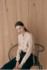 Cropped Linen Blazer with Side Tie Detail and Patch Pockets – Long Sleeve Button-Up for Women