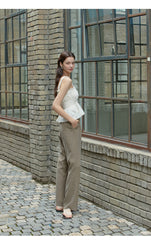 Linen Camisole Top with Ruffled Hem and Smocked Bodice – Sleeveless Eyelet Summer Blouse