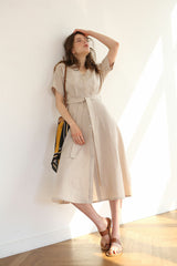Belted Button-Down Midi Linen Dress with Short Sleeves and V-Neckline