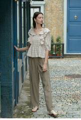 Linen Plaid Blouse with Layered Ruffles and Puff Sleeves – Vintage-Inspired Peplum Top