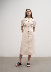 Tailored Linen Midi Dress with Button Front, Puff Sleeves, and Notched Lapel Collar