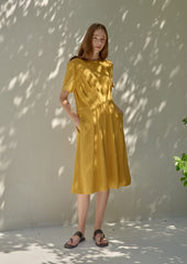 Short Sleeve Draped Waist Linen Dress With Relaxed Fit and Flowing Midi Skirt for Effortless Style