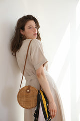 Belted Button-Down Midi Linen Dress with Short Sleeves and V-Neckline